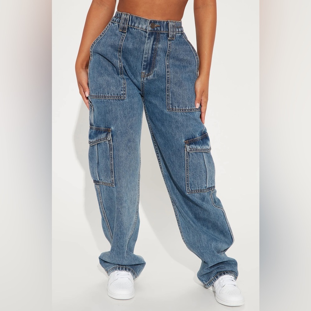 Fashion Nova Don't You Worry Wide Leg Cargo Jeans - Medium Blue Wash Denim